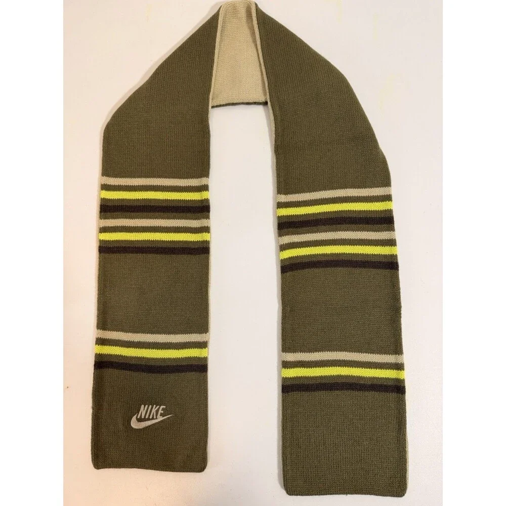 Nike Men's Knit Striped Scarf with Logo - Green Beige Yellow Brown
